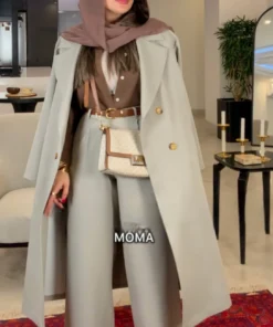مانتو بلند دکمه دار خاکی مدل میراندا