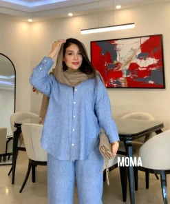 ست شومیز و شلوار لینن آبی مدل زارا