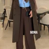 شلوار بگ کرپ مازاراتی جیب دار قهوه ای مدل ماریس مانتو بلند دو دکمه کرپ مازاراتی قهوه ای تیره