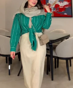 شومیز زنانه خط دار لینن ویسکوز زمردی مدل اسکای